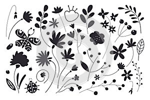 Set of flowers and leaves. Leaf black silhouettes on white background.