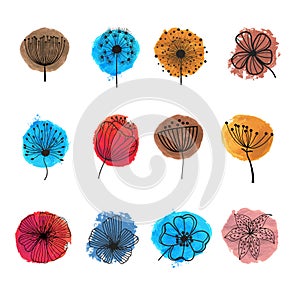 Set of flowers lines on abstract background
