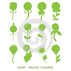 Set of flowers silhouette of forest and garden wildflowers, green on white background