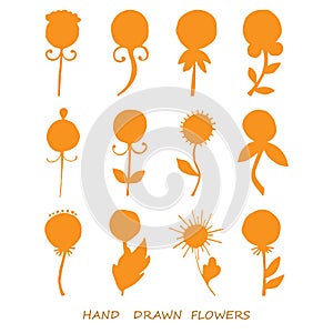 Set of flowers silhouette of forest and garden wildflowers, orange on white background