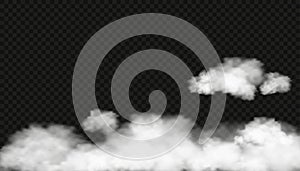 Set of fluffy cloud on transparent background. Vector of White cloudiness,fog or smoke on dark checkered background.Design