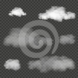 Set of fluffy cloud on transparent background. Vector of White cloudiness,fog or smoke on dark checkered background.Design