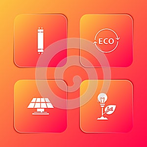 Set Fluorescent lamp, Label for eco healthy food, Solar energy panel and Light bulb with leaf icon. Vector