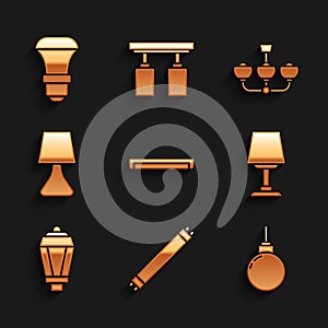 Set Fluorescent lamp, Lamp hanging, Table, Garden light, Chandelier and LED bulb icon. Vector