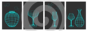 Set of flutes, glasses and vases made of wire frame pieces. Linear elements of retro design. 3D. Y2k . Vector