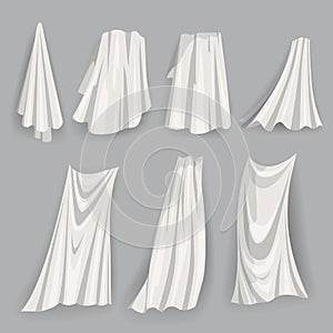 Set of fluttering white cloths, with folds soft lightweight clear material isolated vector illustration cartoon style