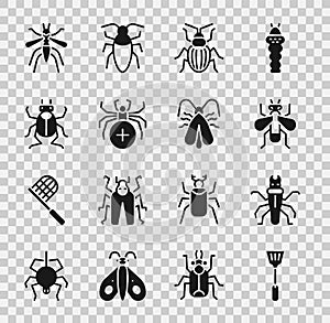 Set Fly swatter, Termite, Insect fly, Chafer beetle, Spider, Beetle bug, Mosquito and Clothes moth icon. Vector