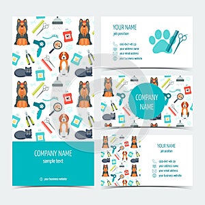 Set of flyer, brochure and business cards for animal grooming. Pet care. Set of promotional products. Flat design. Vector