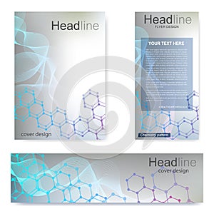 Set flyer, brochure size A4 template,banner. Molecular structure with connected lines and dots. Scientific pattern atom