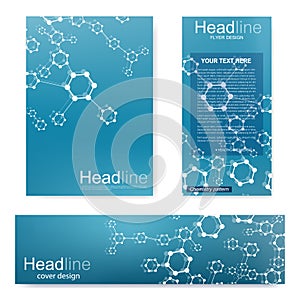 Set flyer, brochure size A4 template,banner. Molecular structure with connected lines and dots. Scientific pattern atom