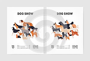 Set of flyer or poster templates for conformation dog show with cute funny doggies of various breeds and place for text
