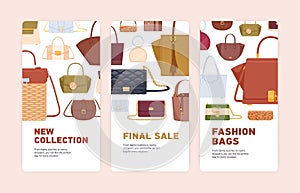 Set of flyer template designs with bag sale promotion. Advertising banner with discount offer. Vertical ad cards with