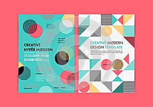 Set of Flyer templates with geometric shapes and patterns, 80s memphis geometric style.