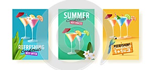 Set of flyers for bar promo offere with 3d cocktails with exotic background and attributes
