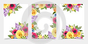 Set of flyers with colorful flowers. Vector illustration.