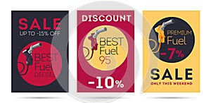 Set of flyers or posters for gas station with sale promo, refuelling gun, fuel nozzel illustration
