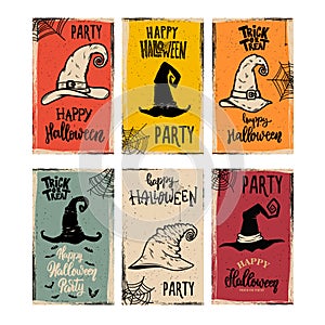Set of Flyers template of Halloween party. Witch hat on grunge background. Design element for poster, card, banner.