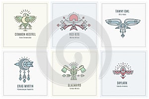 Set of Flying Bird Logo design, geometric tribal archaic emblems