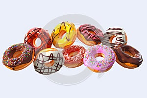 Set of flying glazed donuts with sprinkles on a white background