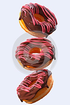 Set of flying glazed donuts with sprinkles on a white background