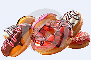 Set of flying glazed donuts with sprinkles on a white background