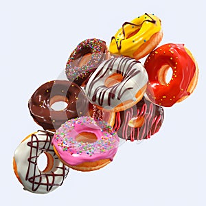 Set of flying glazed donuts with sprinkles on a white background