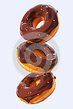 Set of flying glazed donuts with sprinkles on a white background