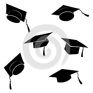 Set of flying graduation caps. Collection of students toss caps. Black white vector illustration.