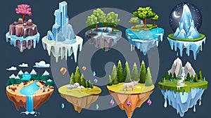 Set of flying islands isolated on a white background. Modern cartoon illustration of floating rocks with gemstones