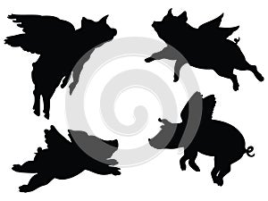 Set of Flying Pigs silhouette vector art