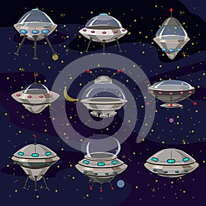 Set flying Saucer, Spaceship UFO Illustration cartoon funny, unidentified spaceship and spacecrafts on space background