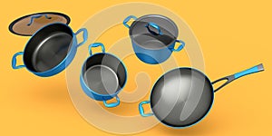 Set of flying stewpot, frying pan and chrome cookware on yellow background