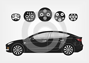 Set fo basic connectors for charging electric vehicles. Outline icons and electric car concept