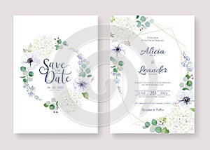 Set fo Wedding Invitation, save the date card template. Vector. Anemone flower, silver dollar leaves.