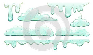 Set Foam and drips. objects. Foaming liquids. Water, detergent or food product. Isolated on white background. Vector.