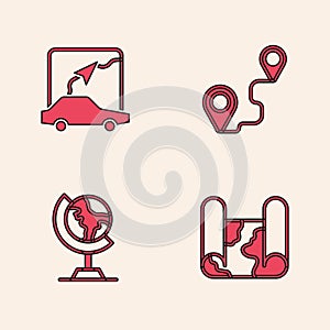 Set Folded map, City navigation, Route location and Earth globe icon. Vector