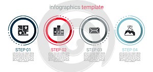 Set Folded map with location, Award over winner podium, Envelope and Mountains flag. Business infographic template