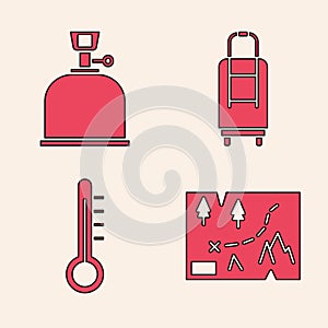 Set Folded map with location, Camping gas stove, Suitcase and Meteorology thermometer icon. Vector