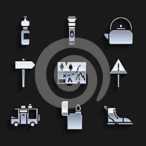 Set Folded map with location, Lighter, Hiking boot, Exclamation mark triangle, Rv Camping trailer, Road traffic signpost