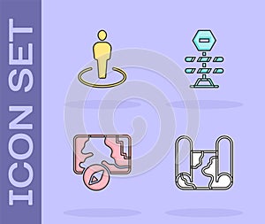 Set Folded map, Location with person, City navigation and Road barrier icon. Vector