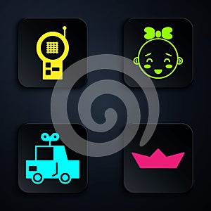 Set Folded paper boat, Baby Monitor Walkie Talkie, Toy car and Happy little girl head. Black square button. Vector