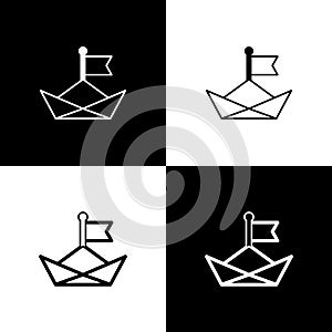 Set Folded paper boat icon isolated on black and white background. Origami paper ship. Vector