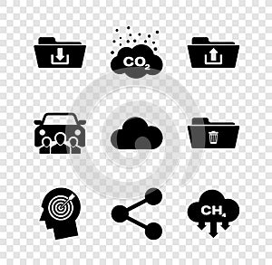 Set Folder download, CO2 emissions in cloud, upload, Head hunting concept, Share and Methane reduction icon. Vector