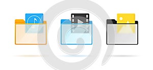 Set of folder icons with multimedia and transparent glass elements isolated on white background. Vector.