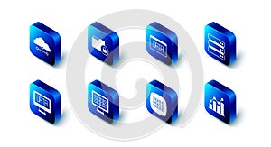 Set Folder and lock, Data analysis, Server, Pie chart infographic, Binary code, and Network cloud connection icon