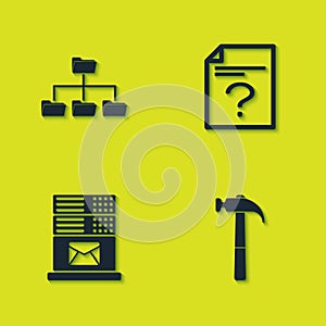 Set Folder tree, Hammer, Mail server and Unknown document icon. Vector