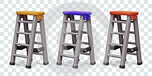 Set of folding ladders of different colors. Metal device for lifting up, height works