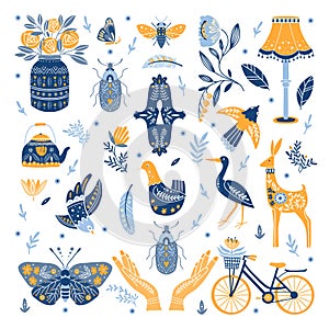 Set of Folk art cliparts in Scandinavian and Nordic style
