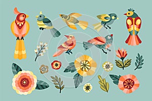 Set of folk design elements. Leaves, flowers, birds. Vector