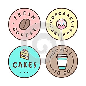 Set of food badges. Coffee, cakes, cupcakes.